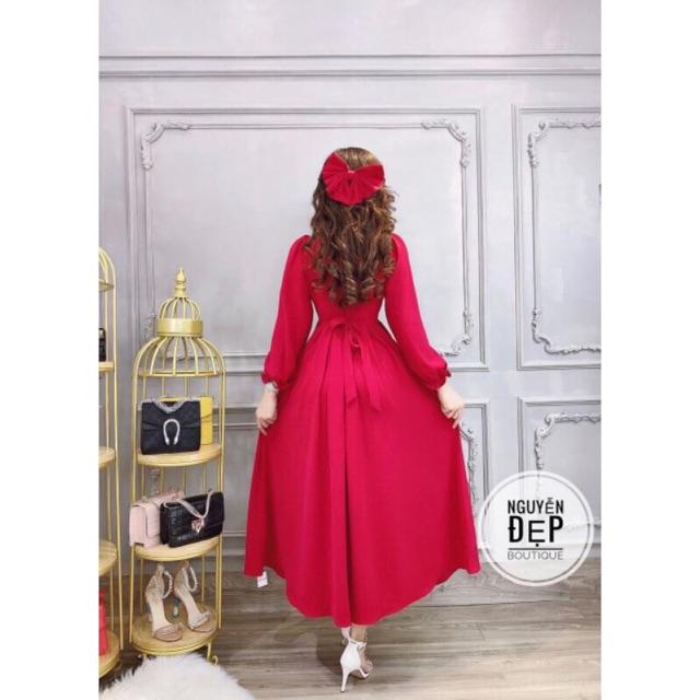 Đầm maxi đỏ tay dài thắt nơ lưng du lịch đi biển