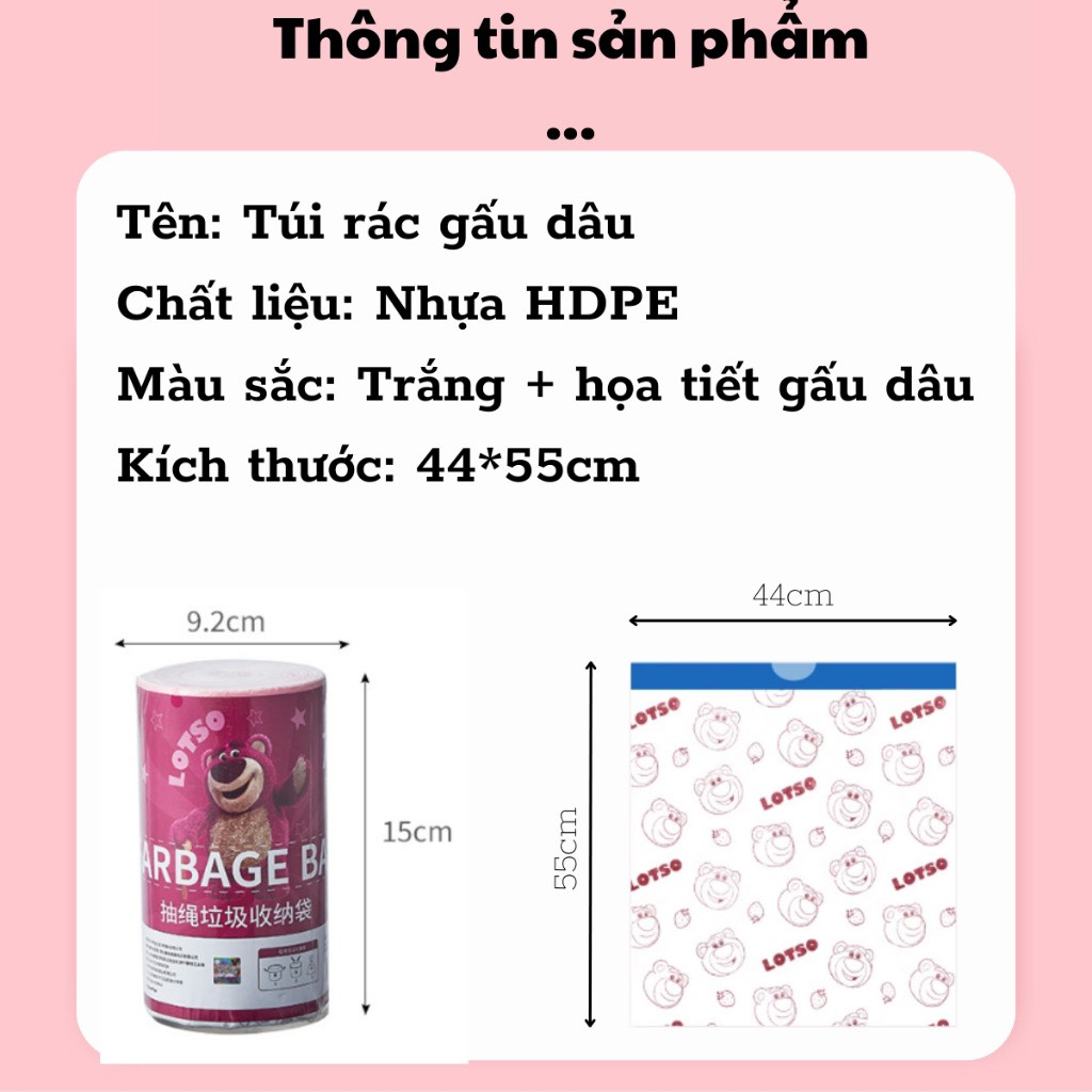 Túi Đựng Rác Dây Rút Gấu Dâu Chống Rò Rỉ Nước Không Sợ Bẩn Tay Túi Đựng Rác Tự Hủy Cuộn 100 Túi Siêu Dai