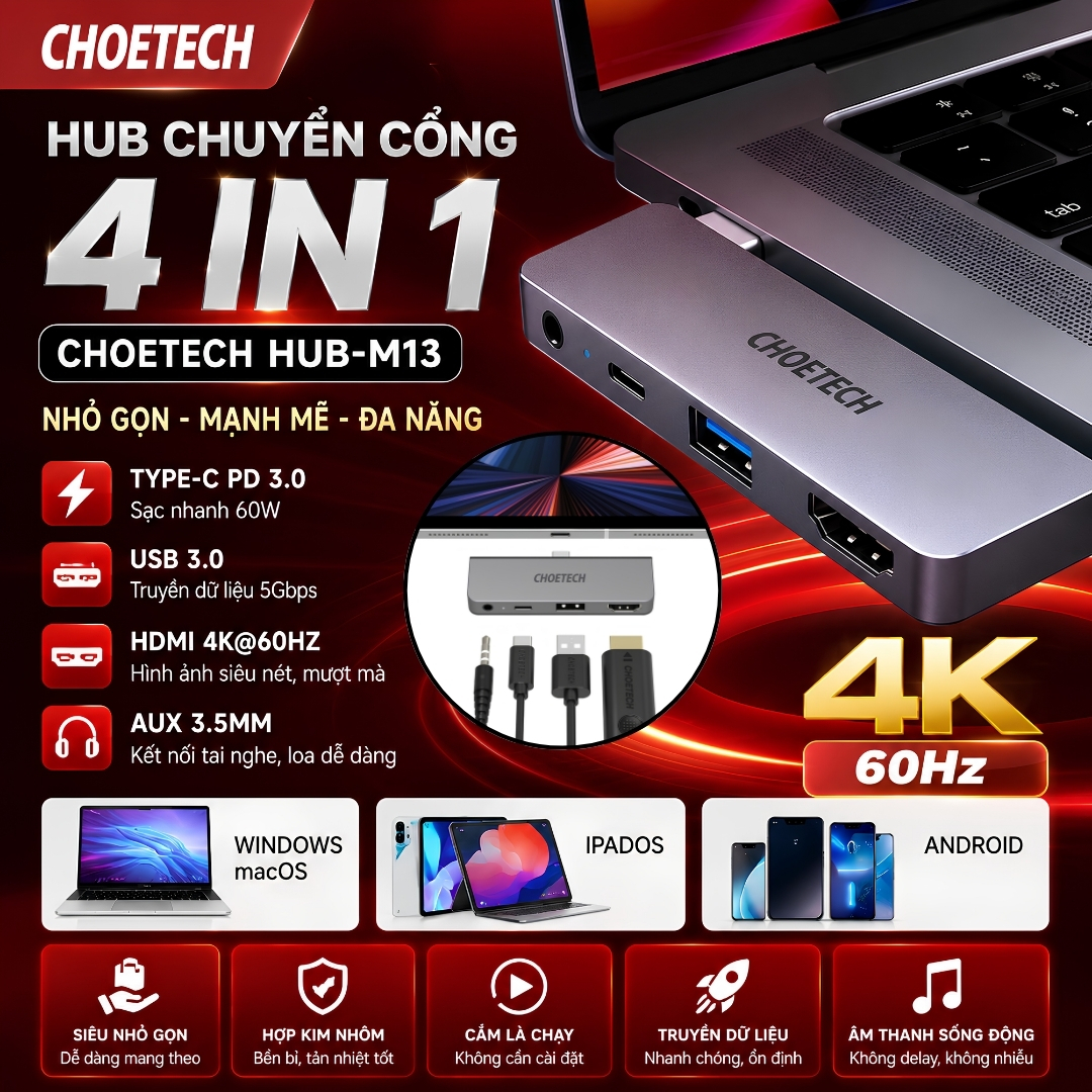 Hub Chuyển đổi Type C chia cổng 4 in 1 thông minh đa năng OMNIDOCK 4K PRO CHOETECH HUB-13 HDMI 4K@60Hz, PD Type C 60W USB 3.0 AUX 3.5mm Cho iPad Laptop MacBook - Hàng nhập khẩu