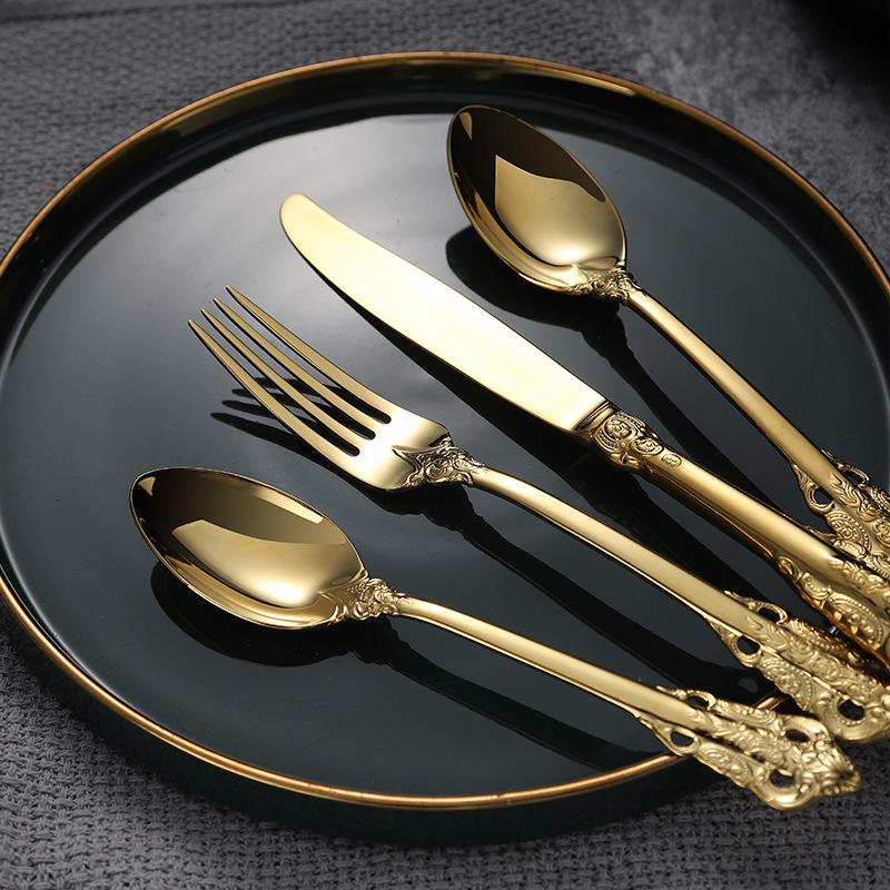 Làm Dày Hơn 304 Giảm Cung Tây Bộ Đồ Ăn Mạ Vàng Bít Tết Dao Muỗng Nĩa Vintage Bộ Đồ Ăn Bộ Quà Tặng Vàng Bộ Đồ Ăn 4Pc