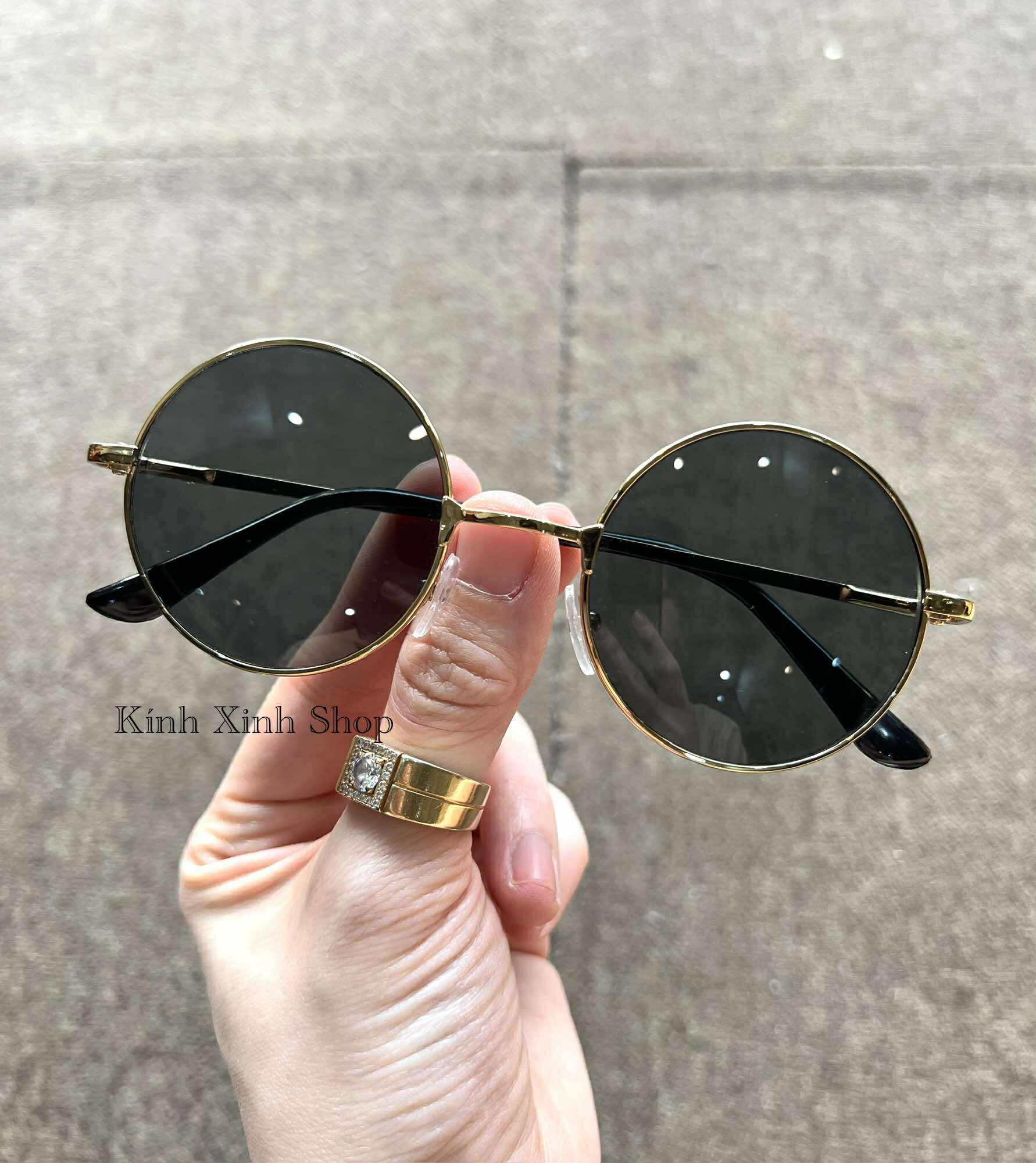 Kính râm Mắt tròn form nhỏ Mắt thủy tinh gọng kim loại vàng cao cấp