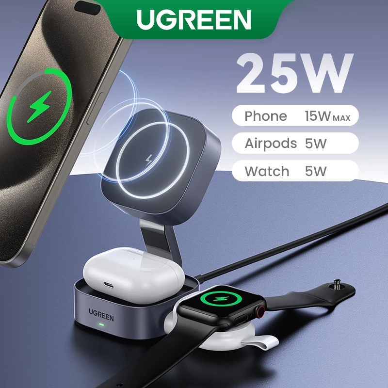 Trạm không dây gấp gọn từ tính Ugreen Qi2 2 trong 1 15W MagFlow 35316 hàng chính hãng