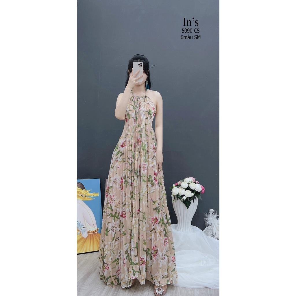Váy maxi hoa cổ yếm vải voan dập ly kem 5090 C5 EC MH Maidieuhuyen