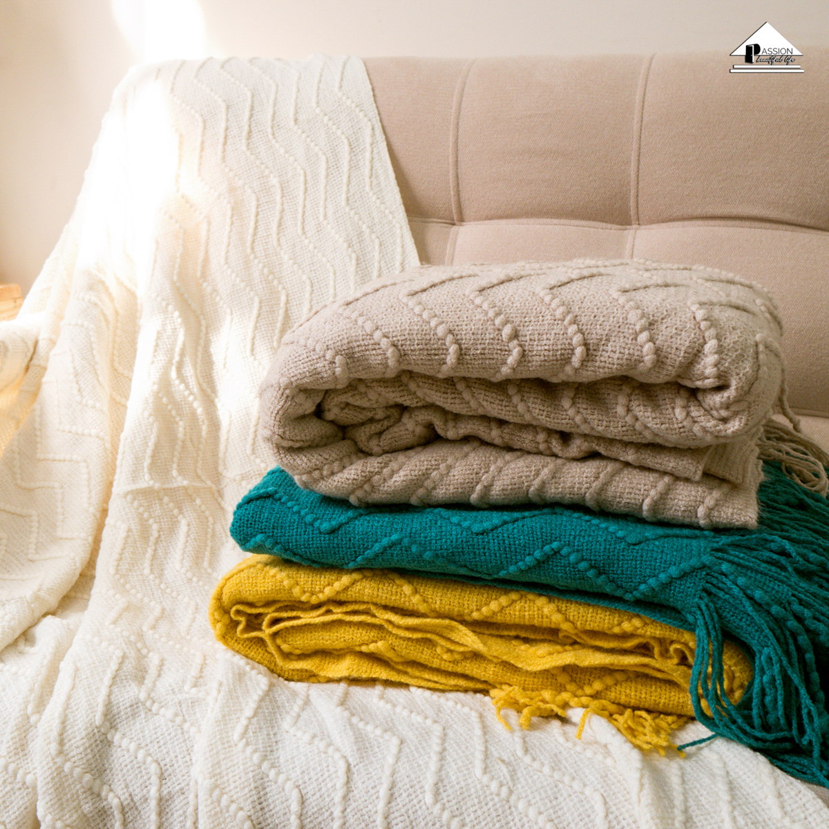 Chăn Thun Đan Len Dệt Kim Họa Tiết Ziczac Trang Trí Giường Ghế Sofa