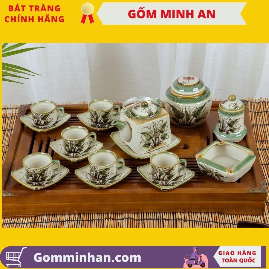 Bộ trà sứ Bộ ấm chén sứ bát tràng men tro cổ dáng ấm vuông gốm Minh An Bát Tràng dung tích 300ml