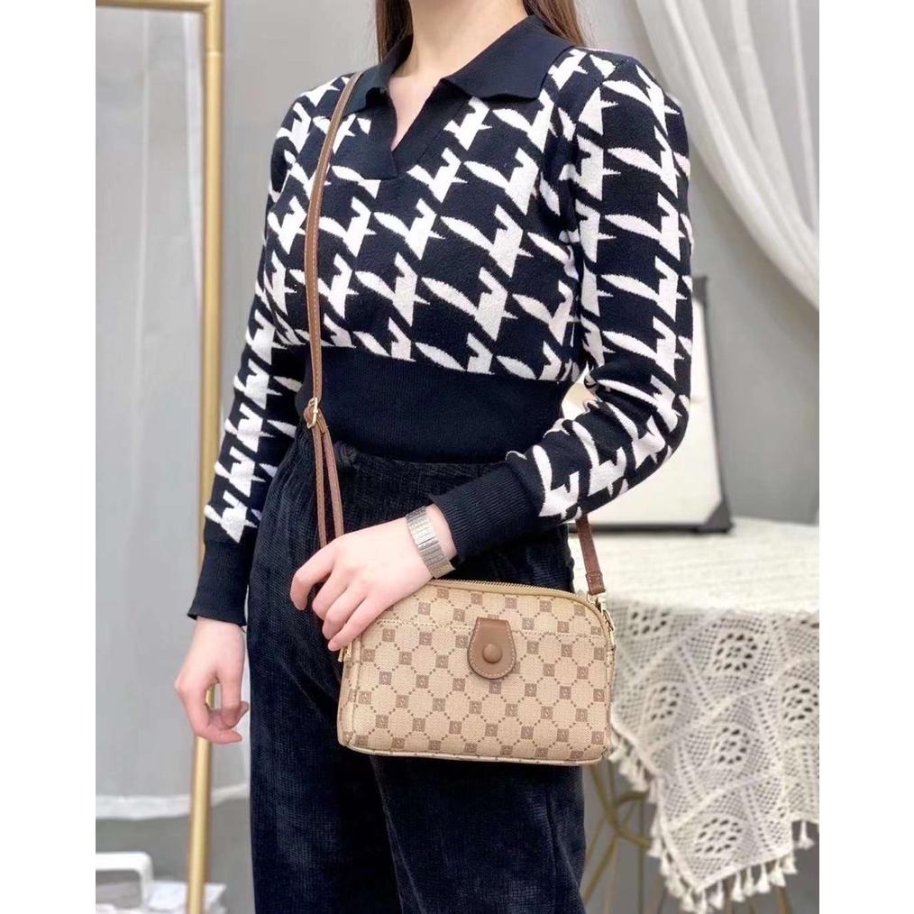 Ví dài nữ cầm tay kèm dây đeo chéo túi clutch da PU họa tiết monogram thời trang vintage đẹp sang trọng Y2962