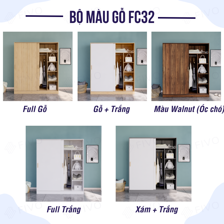 Tủ Gỗ Quần Áo Cửa Lùa FIVO Mẫu FC32 Diện Tích Để Đồ Rộng Rãi, Móc Treo Tiện Dụng Mẫu Mã Hiện Đại - Màu Xám + Trắng