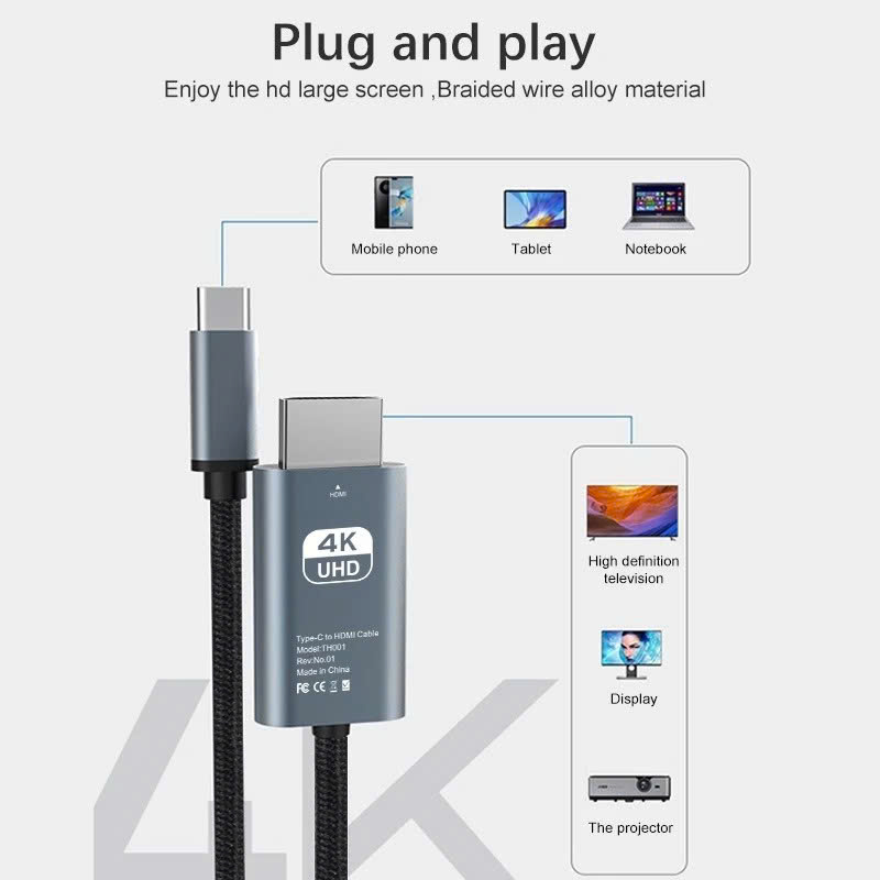Dây Cáp Chuyển Đổi USB Type C To HDMI 4K 60Hz Dài 1.8M - Hàng Nhập Khẩu
