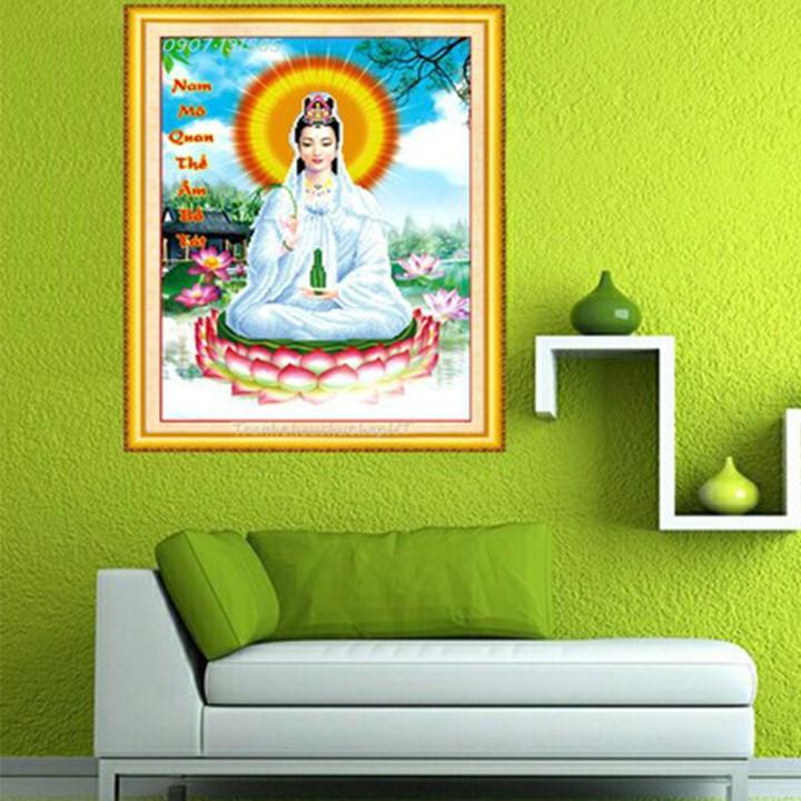 Tranh thêu Quán Thế Âm Bồ Tát tọa sen LV3268 - kích thước: 46 * 59cm.