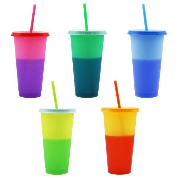 3X 5 Pack 720ml Color Changing Cups Plastic Cold Beverage Cups Mugs with Lids