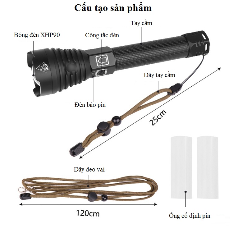 Đèn pin cầm tay chống va đập tối ưu,chiếu sáng xa, công suất lớn cao cấp tích hợp chức năng ZOOM ánh sáng M90 ( Tặng kèm miếng thép để ví 11 chức năng trong 1 )