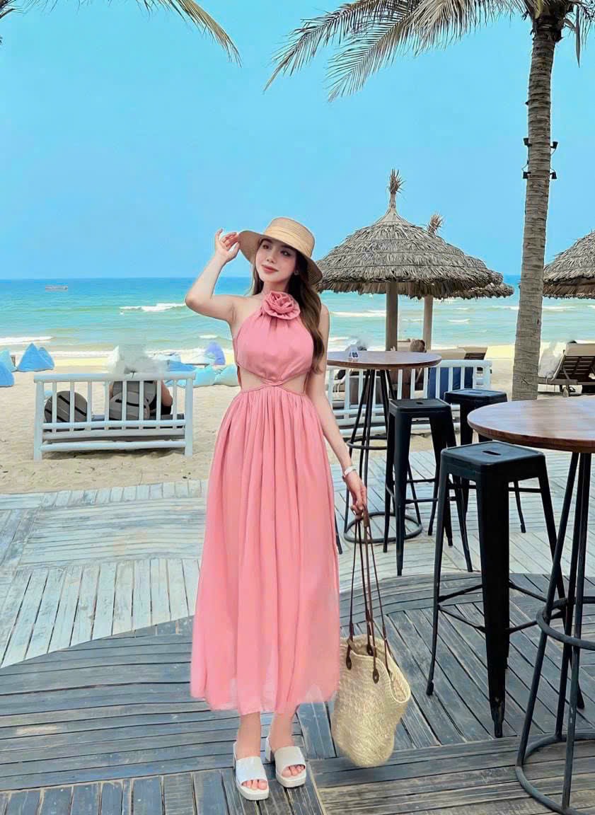 ĐẦM LỤA KHOÉT EO BÔNG CỔ
