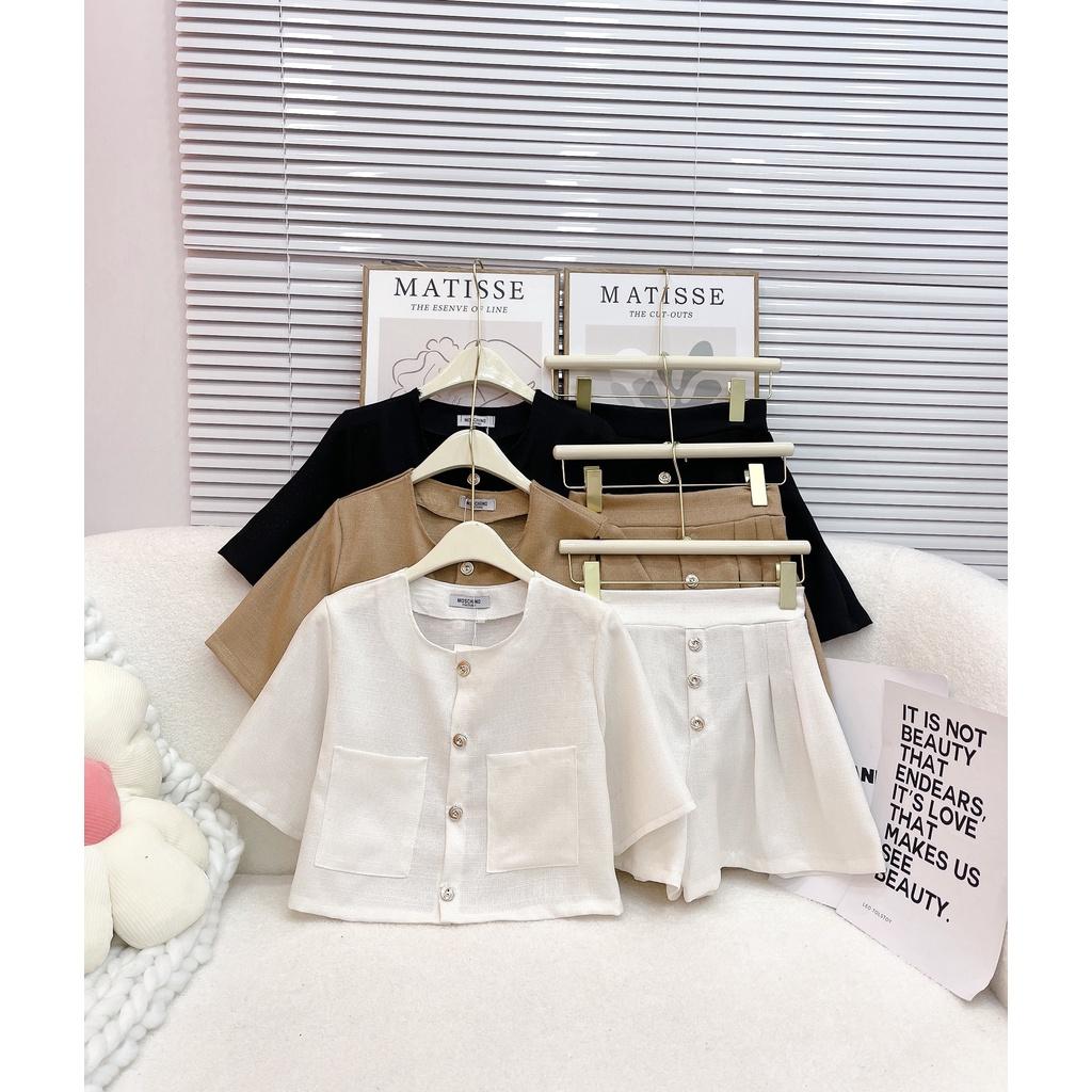 Sét áo croptop cổ tròn tay phồng mix quần ống xòe tiểu thư màu hồng/trắng/nâu dễ thương Cun Fashion -SB0145