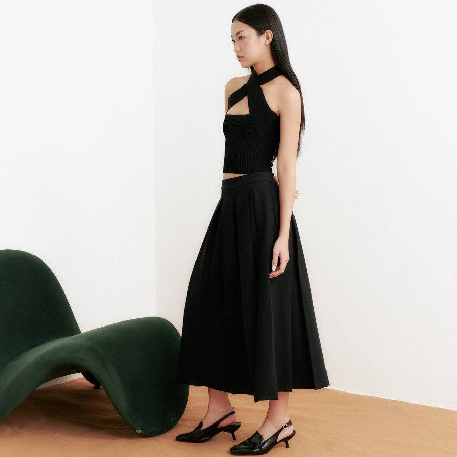 DOTTIE - Chân váy midi dập ly - Đen - S0197