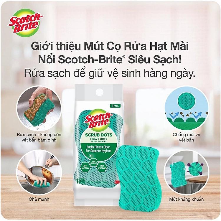 3M Miếng cọ rửa hạt nổi siêu sạch Scotch-Brite, kháng khuẩn và ngăn chặn sự phát triển của vi khuẩn (bịch 1 miếng)