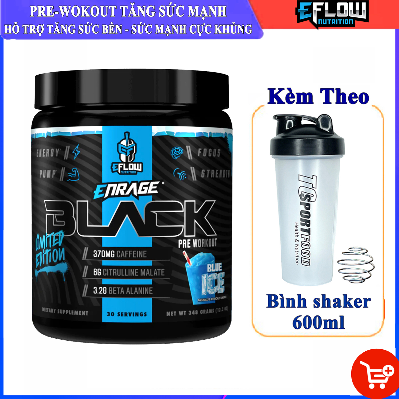 Combo Pre-workout tăng sức mạnh Enrage Black của Eflow Nutrition hỗ trợ tăng sức bền, sức mạnh tập luyện &amp; Bình shaker 600ml (Mẫu ngẫu nhiên)