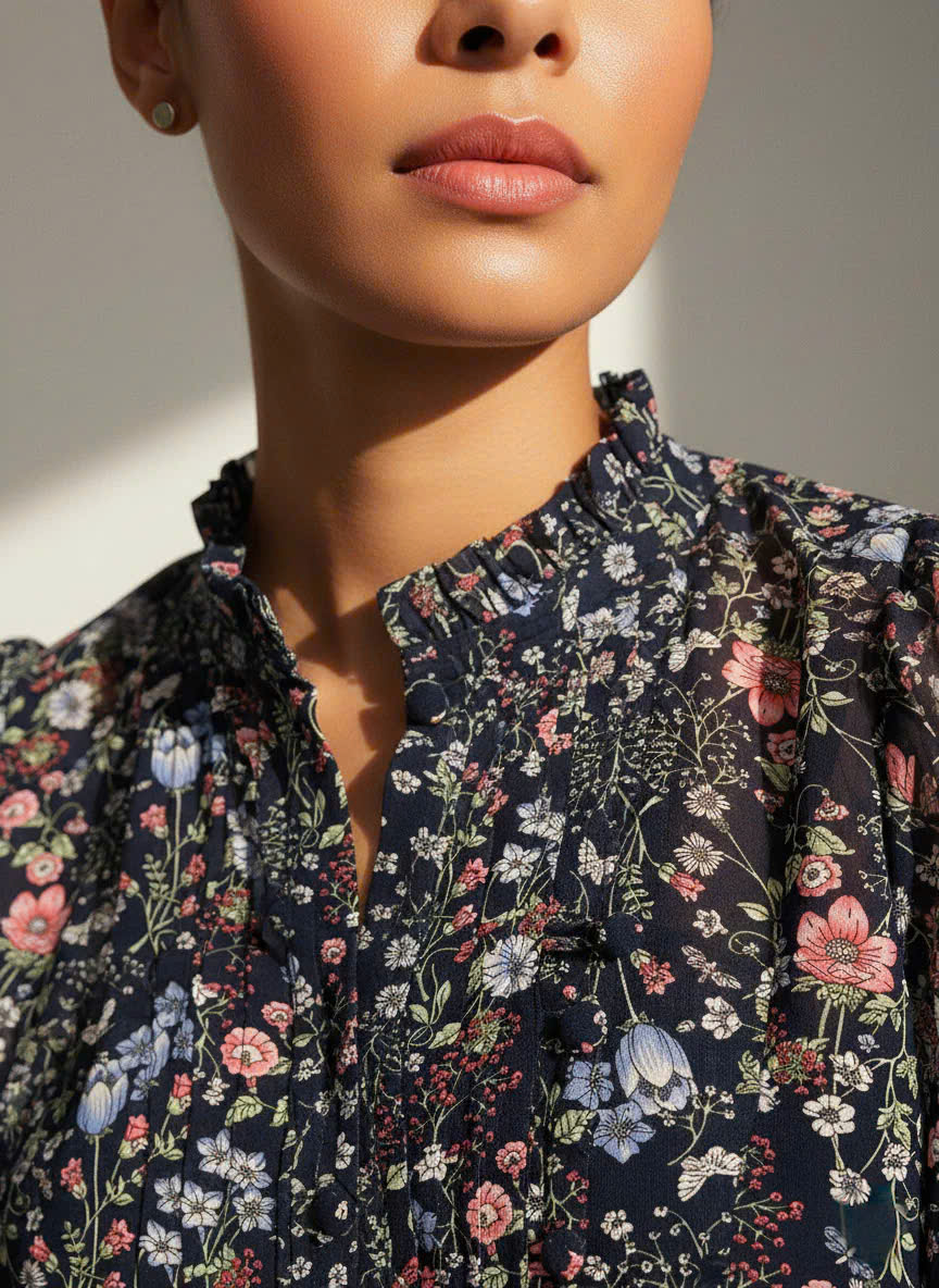 Áo Tay Phồng Điểm Ngọc, Áo Tay Phồng Cổ Lọ Thấp Chiffon Voan Hoa thời trang thiết kế Hity Top231