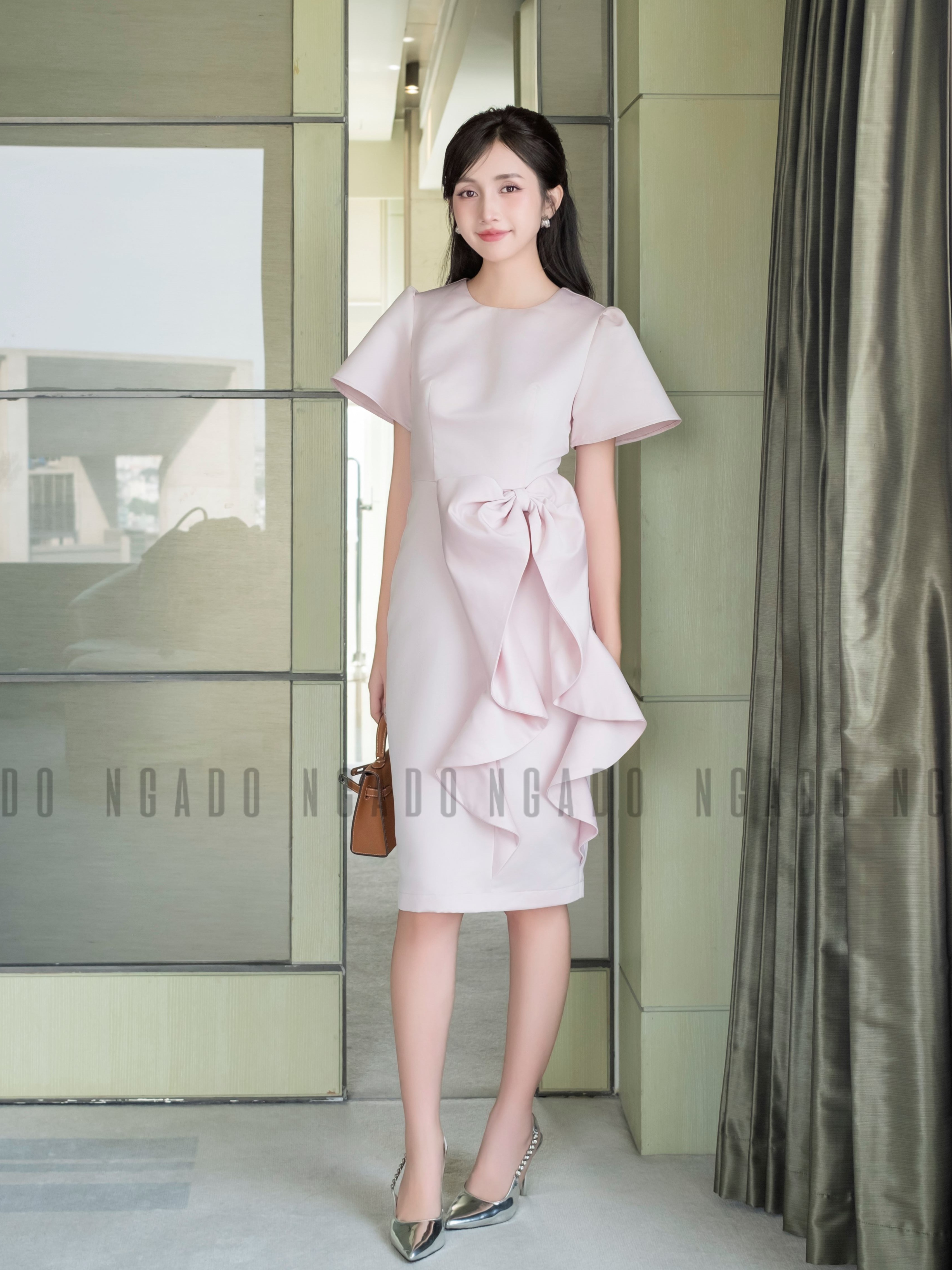Đầm hồng tay loe NGADO , Đầm dự tiệc sang chảnh , Đầm thiết kế