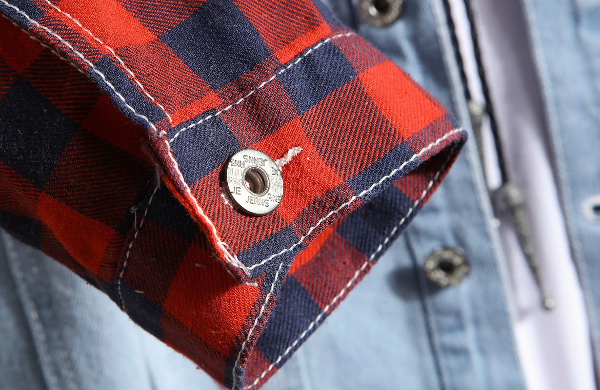 Áo khoác Jeans Nam Unisex phối nón Caro sọc đỏ cao cấp