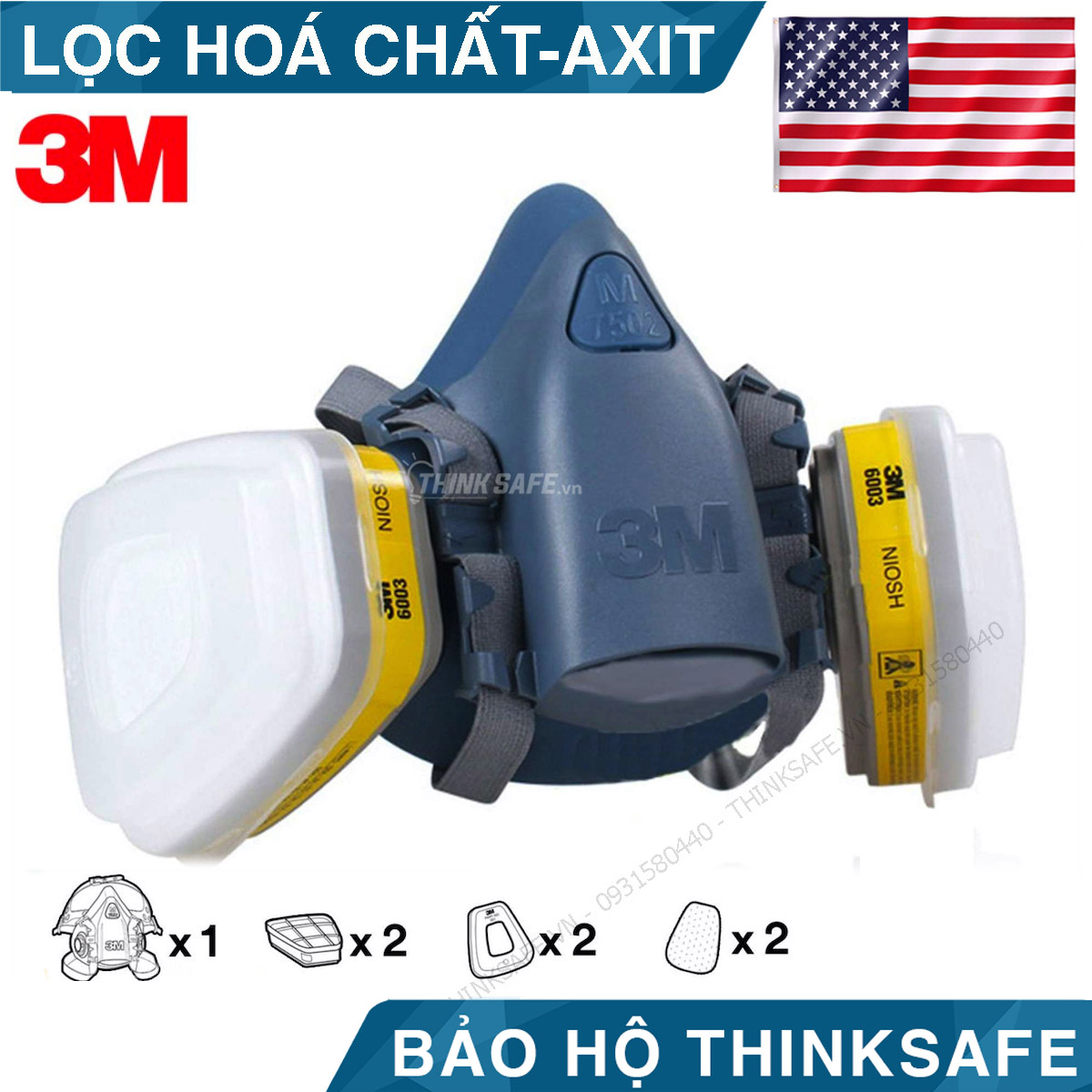 Mặt nạ phòng độc 3M 7502 dùng phin 3M 6003 (bộ gồm 7 chi tiết) lọc hơi hoá chất hữa cơ và vô cơ