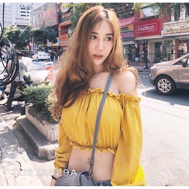 Áo croptop bẹt vai voan tay dài