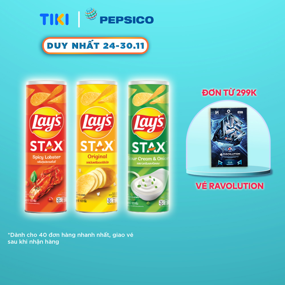 Combo 3 Lay's Stax 100gr (Tự nhiên, Tôm hùm nướng ngũ vị, Kem chua hành)