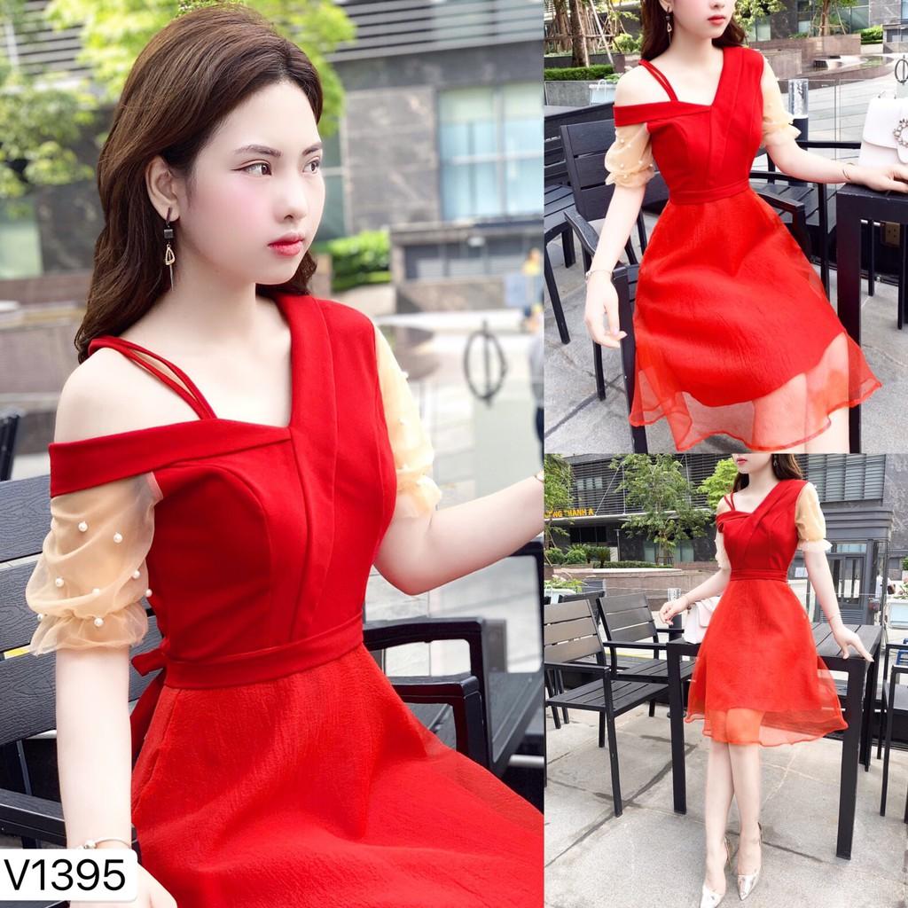 Váy đỏ tay voan lệch vai V1395- ĐẸP SHOP DVC