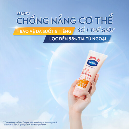 Serum chống nắng cơ thể Vaseline 50x bảo vệ da với SPF 50+ PA++++ giúp da sáng hơn gấp 2X 300ML