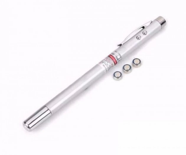 Bút Laser Trình Chiếu 5 Chức Năng Trong 1 Vỏ Kim Loại Mạ Màu Bạc Hộp Thiếc Tặng Kèm 3 Pin - HENRYSA