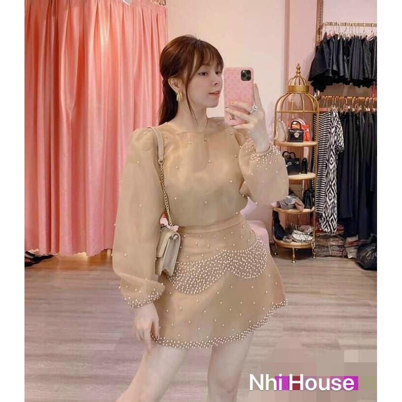 Set Đồ Nữ Sang Chảnh NHIHOUSE71 Vải ORGANZA Áo Tay Phồng Váy A Đính Ngọc Trai Freesize Dưới 55kg