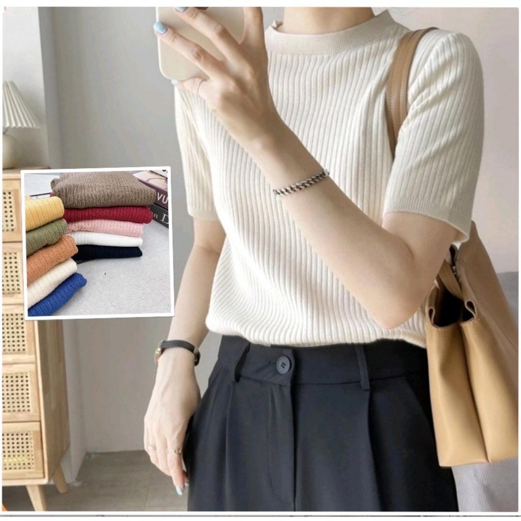Áo Len Tăm Đũa Cộc Tay Nữ Dáng Ôm Kiểu Cổ Tròn Basic Dễ Mặc Phối Đồ Hàng Đẹp Quảng Châu Cao Cấp Trẻ Trung