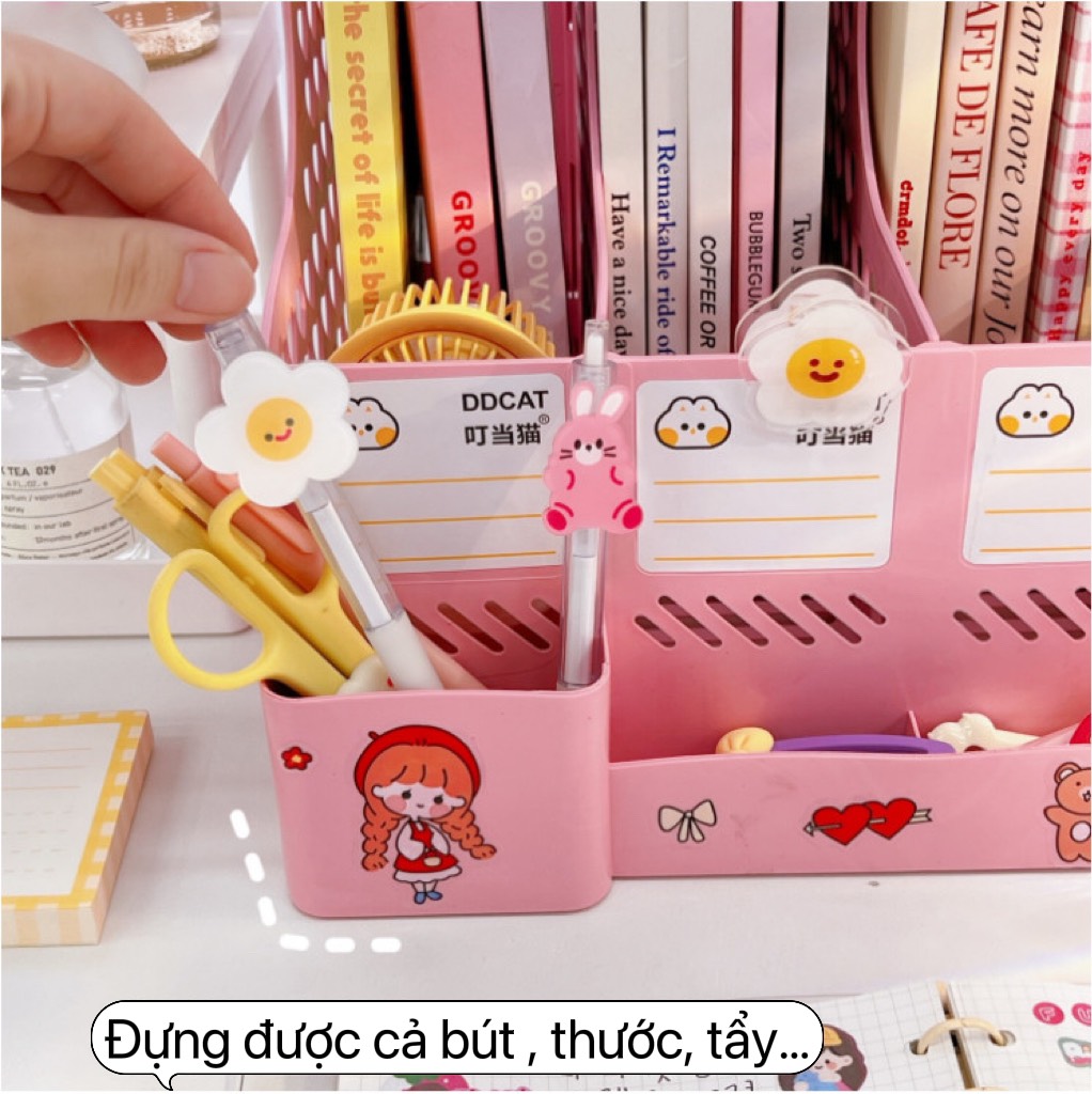 Khay đựng sách tài liệu cute 8 ngăn trái tim xinh xắn, giá sách kèm ống bút để bàn học làm việc decor đa năng