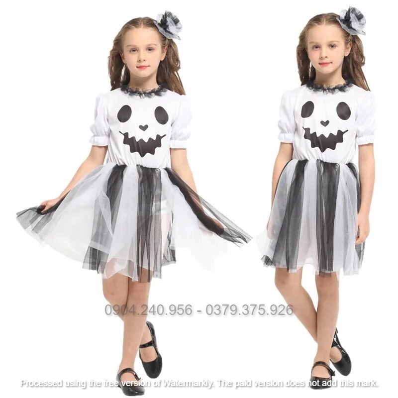 Bộ váy, đầm có nơ kẹp tóc hóa trang Halloween Ghost Girl cho bé gái