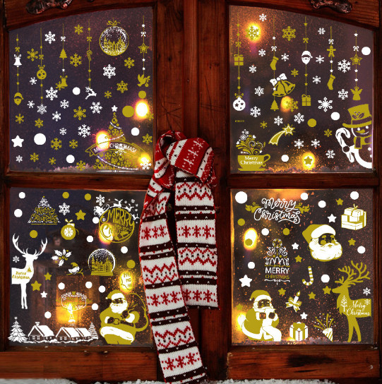 Decal trang trí Noel hít tĩnh điện - Ông già Noel và những phụ kiện trang trí ánh vàng