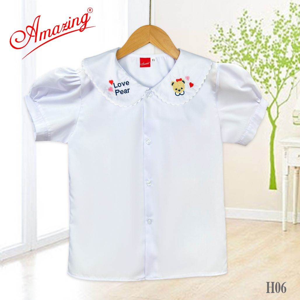 Áo bé gái đi học cấp 1, cổ lá sen thêu dễ thương, tay bồng, vải kate trắng mềm mát, size to đến 60kg