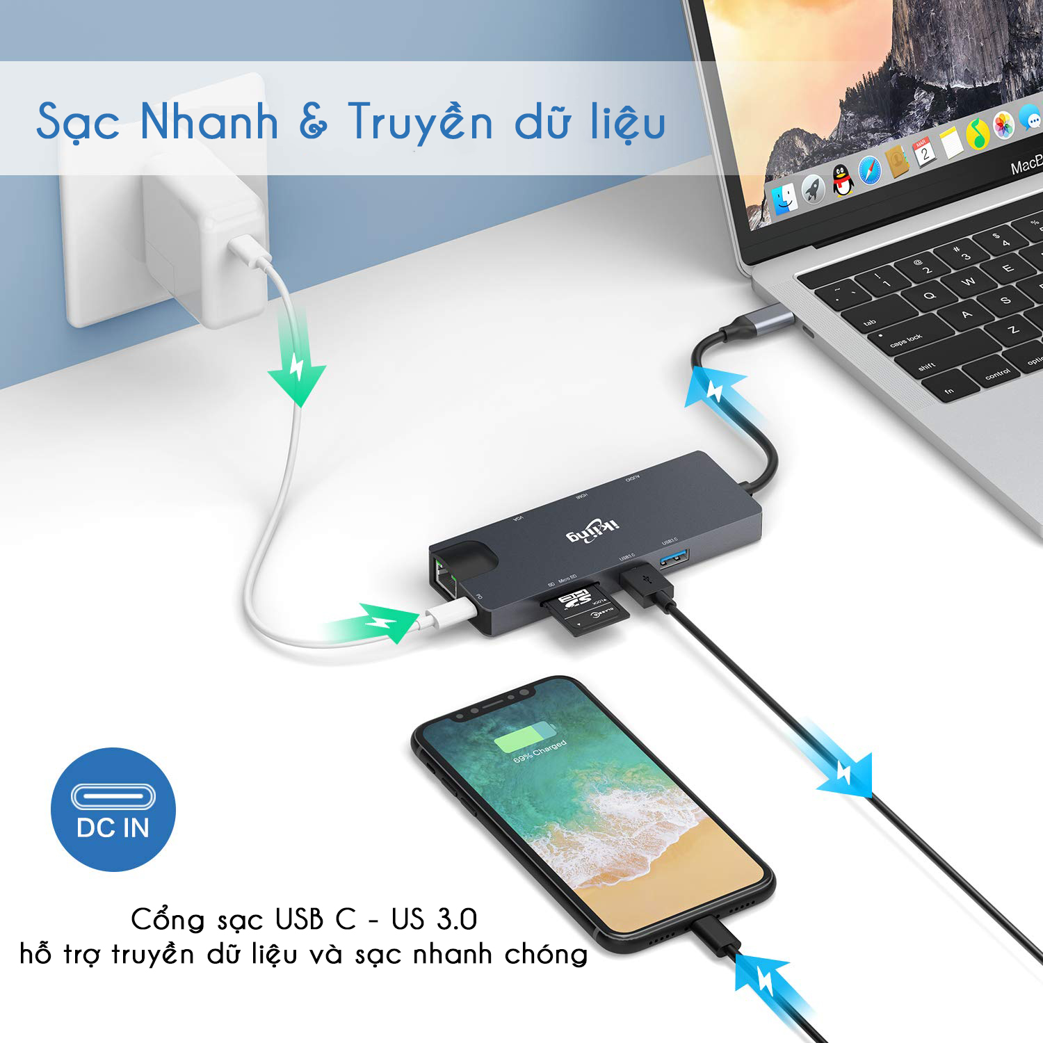 Cổng Chuyển HyperDrive Hub USB Type C 9 Cổng Ikling Ethernet SD Mircro SD VGA UHD HDMI Audio USB3.0 Cho Macbook SamSung - Hàng chính hãng