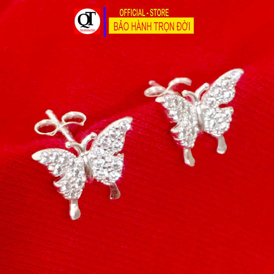 Bông tai nữ Bạc Quang Thản, khuyên tai nụ đeo sát tai gắn đá cobic trắng sáng chất liệu bạc không xi mạ - QTBT104