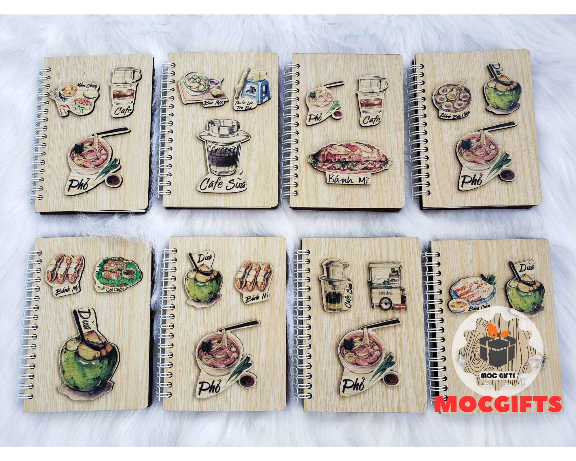 Sổ tay bìa gỗ món ăn ( 15.2cmx12cm ) in hình món ăn ngon Việt Nam quà lưu niệm ý nghĩa xưởng sản xuất Mocgifts - Hàng VNXK