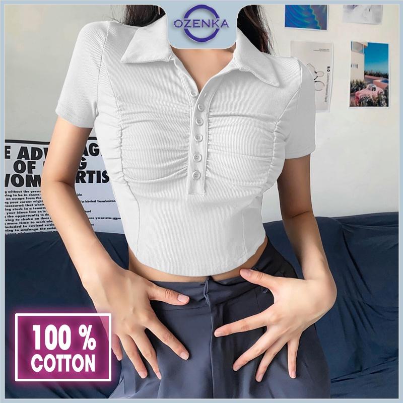 Áo croptop polo cài khuy nhún giữa cộc tay nữ ozenka ,áo thun crt ngắn vạt bầu kiểu màu đen trắng mặc đi học đi chơi