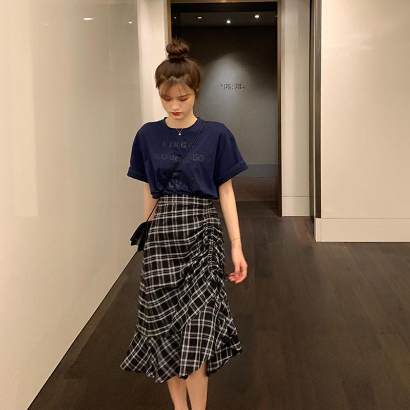 Women Summer Vintage High Waist Wild Plaid Print Skirt Casual Maxi Dress