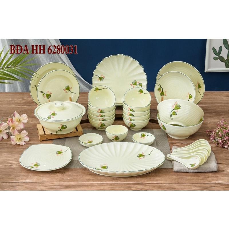 BỘ ĐỒ ĂN BÁT TRÀNG MEN KEM 22- 28 Món , HOẠ TIẾT VẼ ĐÀI SEN. GỐM SỨ BÁT TRÀNG.