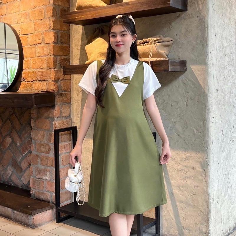 Đầm bầu yếm liền công sở cổ bèo tim đính nơ chất cotton lạnh mềm mịn dễ thương - Xanh rêu