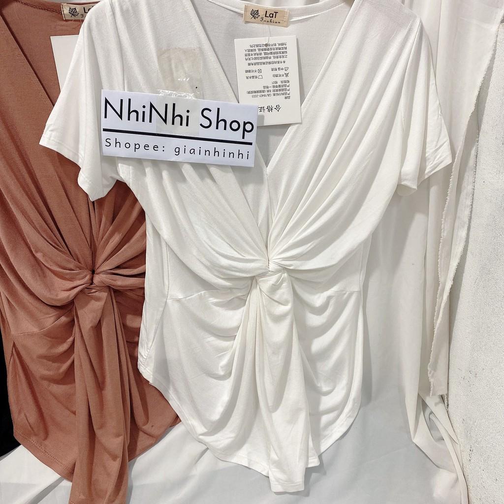 Áo thun dẻo rúm vạt giữa cổ tim ngắn tay, Áo kiểu thun lạnh co giãn AT1435 - NhiNhi Shop