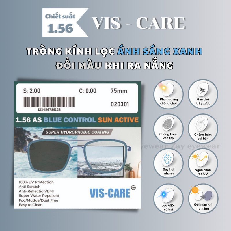 Tròng viscare 1.56 cận/viễn/loạn đổi màu chống ánh sáng xanh chính hãng mắt kính OURESS