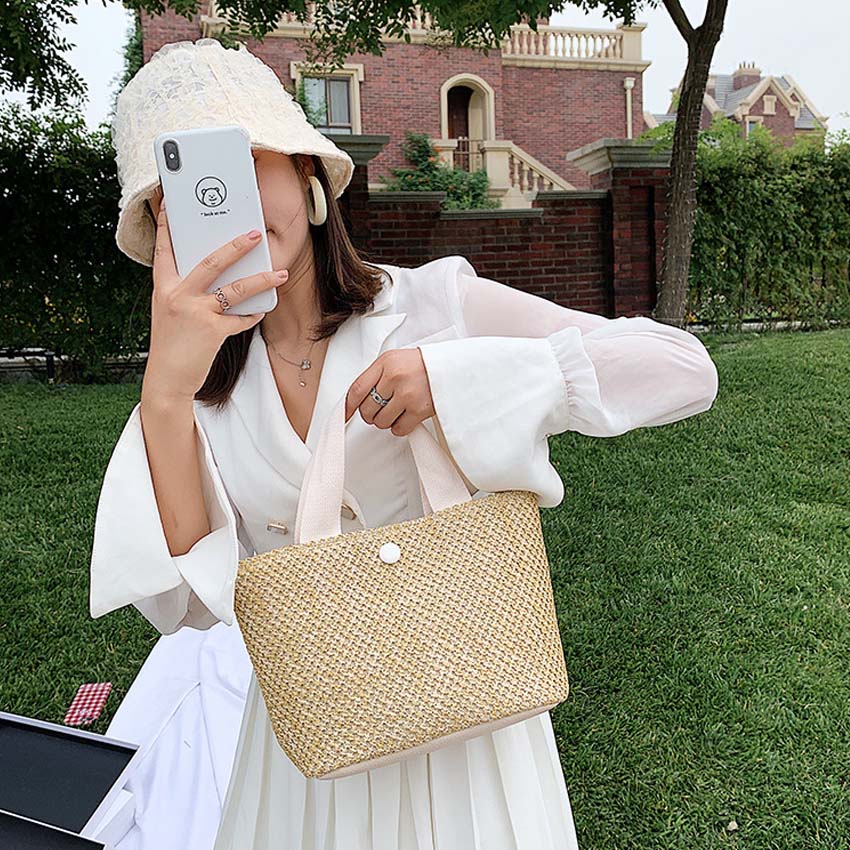 Túi xách nữ dễ thương NASI T1045 vải cói pu cầm tay đẹp túi tote đeo vai có nút bấm thời trang cho nữ công sở, học sinh