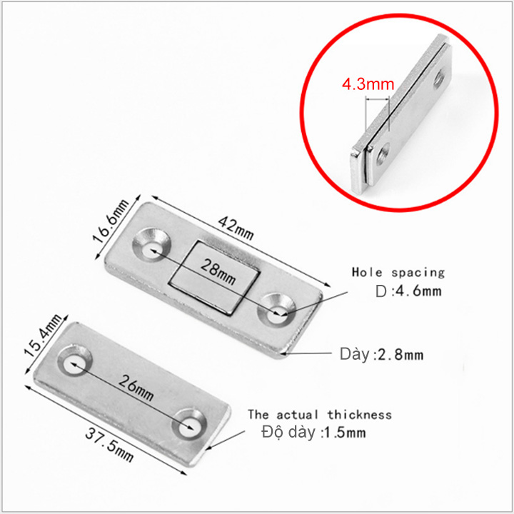 Bộ 2 chốt nam châm mini cho cửa tủ, ngăn kéo bàn, cửa trượt với nam châm lực hút mạnh có băng dính 2 mặt và vít