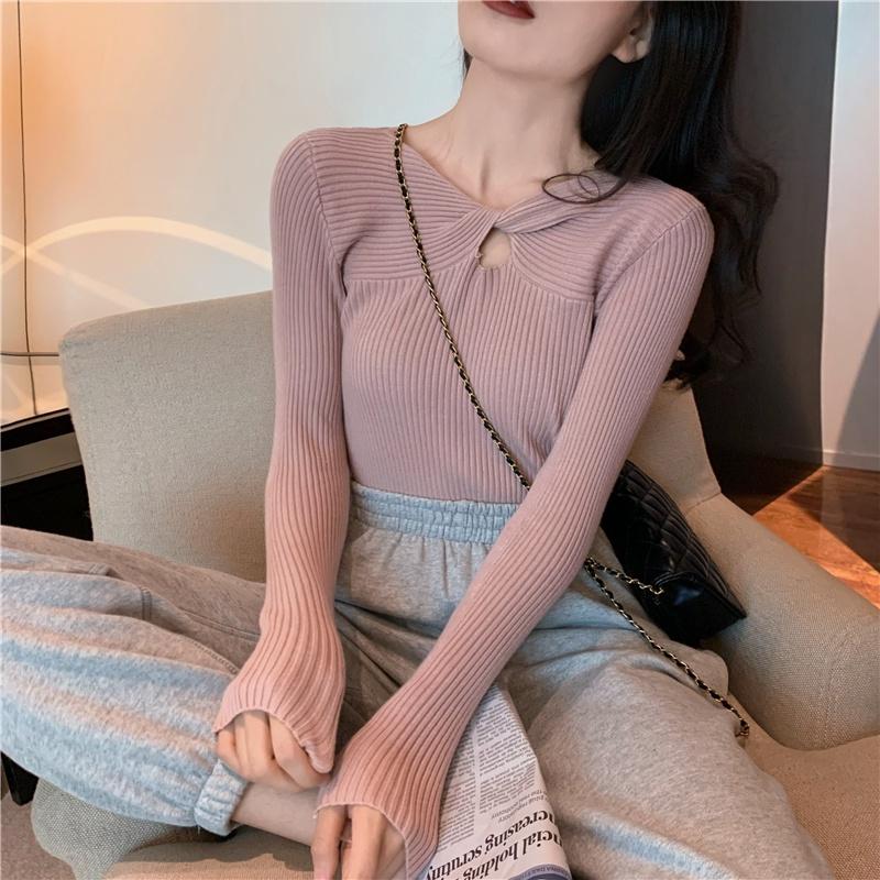 Áo len nữ tay dài dệt kim kiểu xoắn ngực dáng ôm nhiều màu hàng Quảng Châu phong cách Hàn Quốc