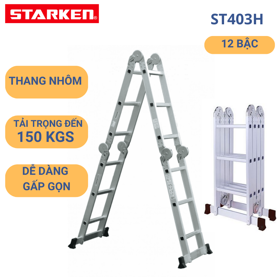 Thang chữ A Thang nhôm gấp 4 đoạn STARKEN ST403H tải trọng 150kgs , màu xanh- Hàng chính hãng