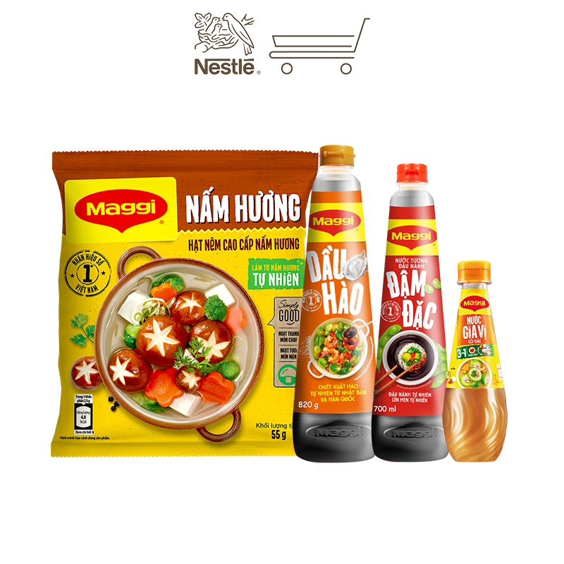 [Tặng bộ 3 thố thủy tinh] Combo Maggi hoàn chỉnh 2: 1 dầu hào 820g + 1 nước tương đậm đặc 700ml + 1 nấm hương 450g + 1 gia vị cô đặc 350g