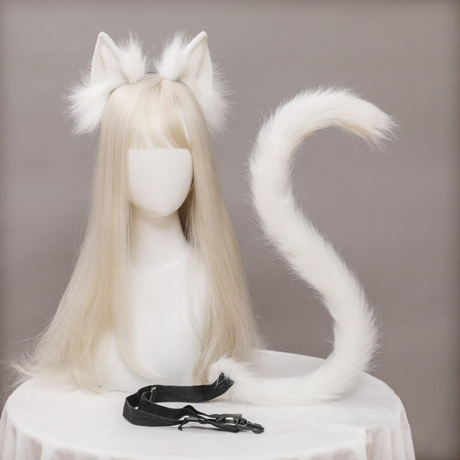 2 Pieces Plush Cat Ears Hair Hoop Faux Long Tail Women Girl Headwear Lovely Lolita Headband for Anime Cosplay Prop Christmas Fancy Dress